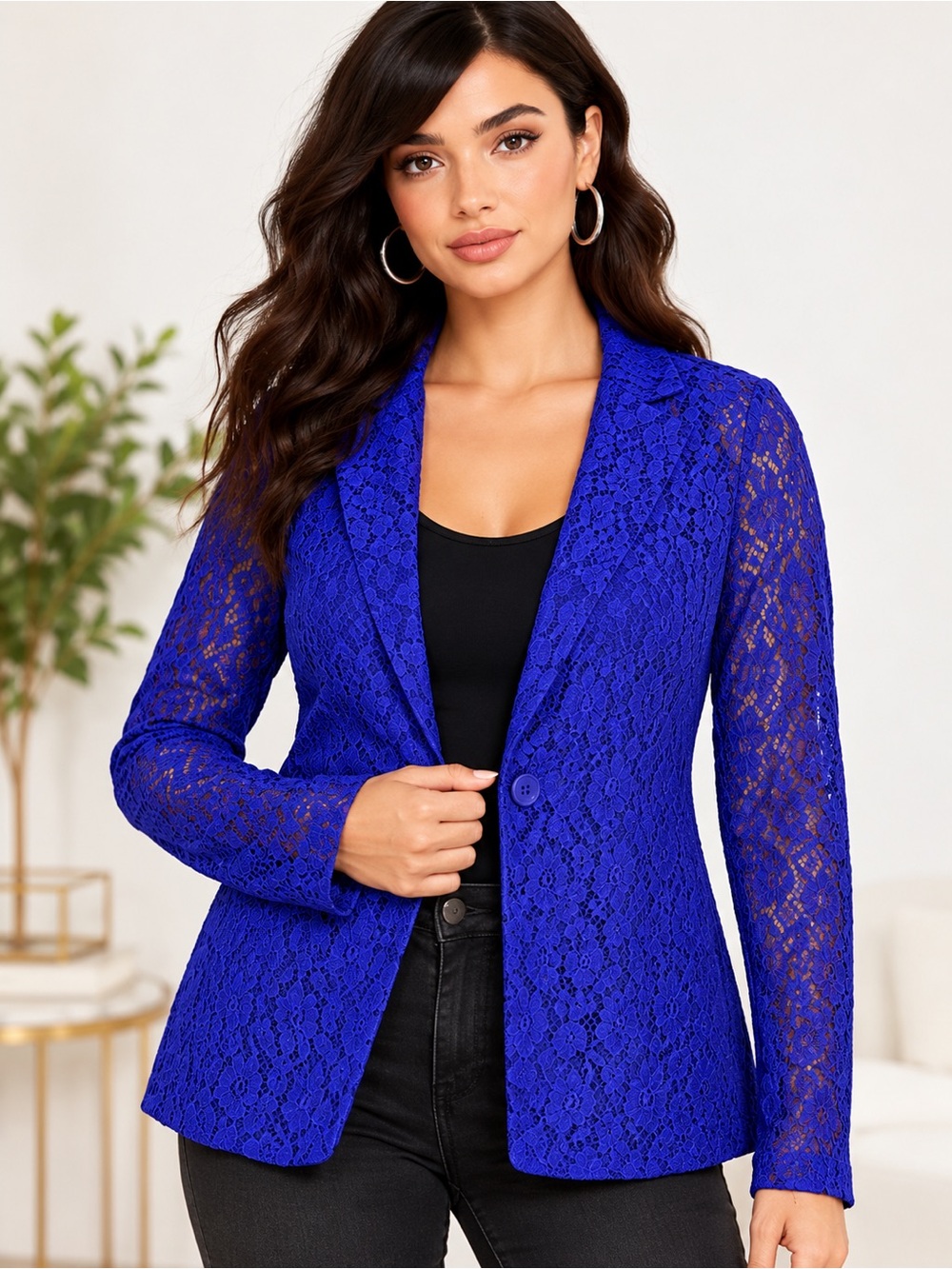 Forever 21 Royal Blue Floral Lace Blazer Jacket Single Button L